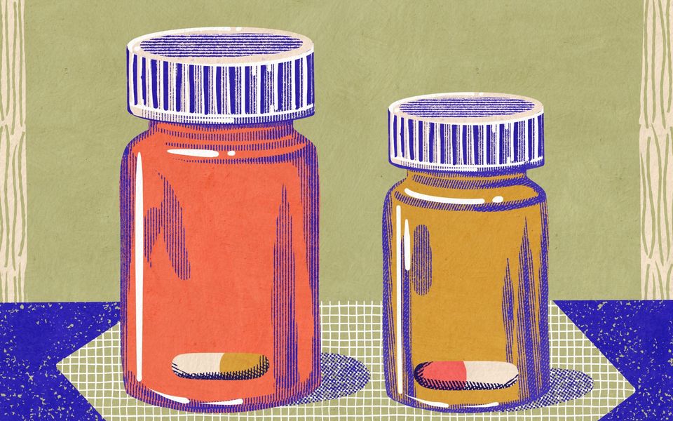 Hand drawing textured halftone illustration of two bottles with one pill. In retro style stylised poster. Trendy colors. Use for advertising, poster, card, medicine, banner, template