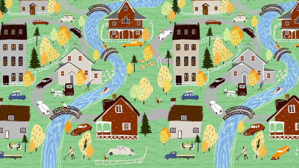 Dementia villages are communities of care designed to give their residents freedom and choice within a safe and supporting environment. landscape and nature. Vector cute panorama illustration of a village, houses, trees, cars and people. Drawing for background, card or poster.