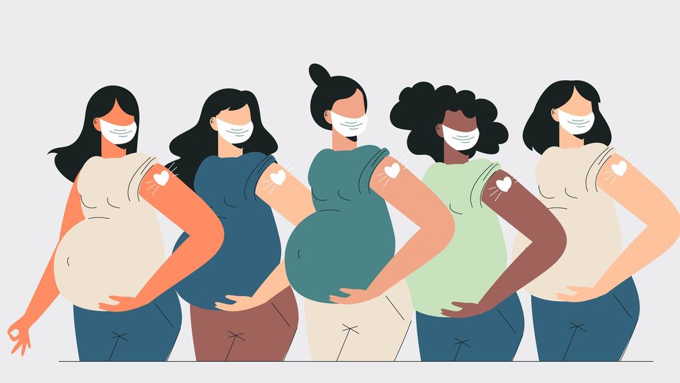 Pregnant women vaccination Health care concept. Diverse mothers after vaccine injection in shoulder. Pregnant getting vaccine shot. Women in face mask showing heart bandage. Flat vector illustration
