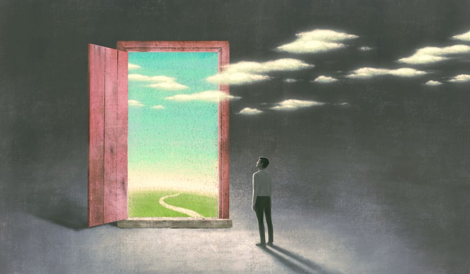 Surreal art of dream success and hope concept , imagination artwork, ambition idea painting illustration, man with nature in a door