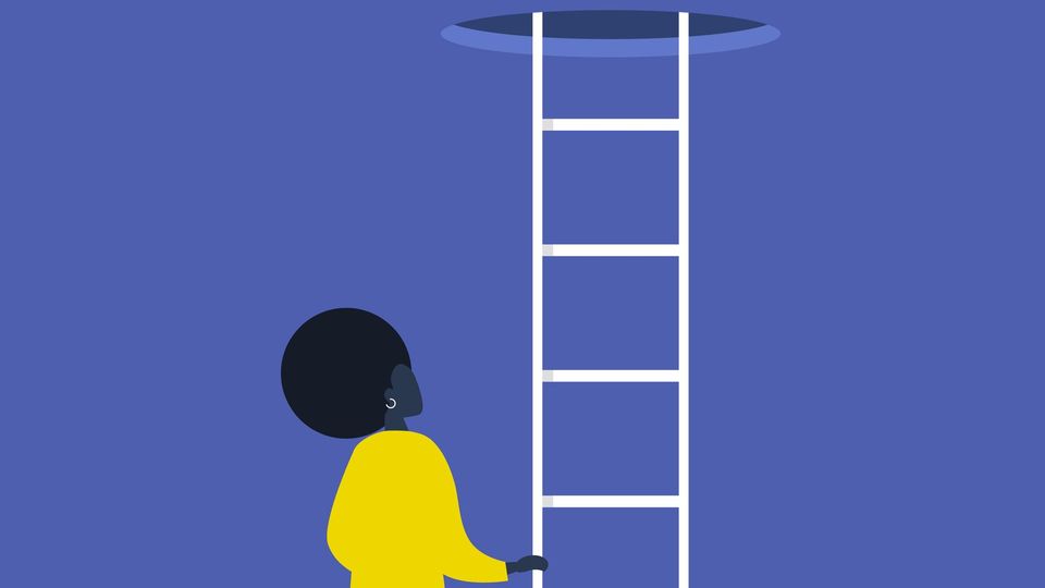 Young black female character holding a ladder. Going up. Successful career. Opportunities. Conceptual vector illustration, clip art