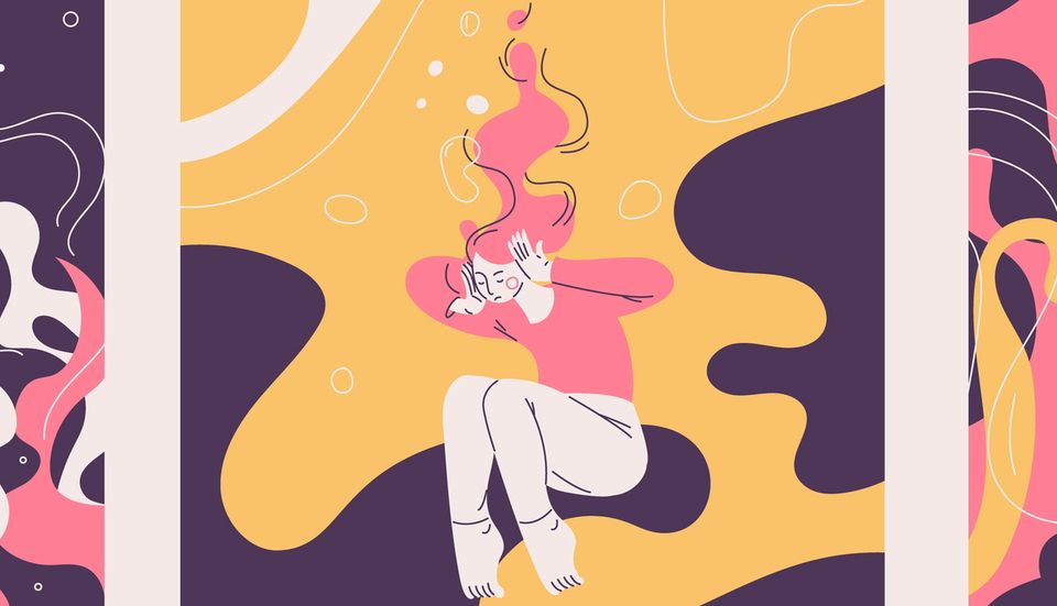 Concept illustrations about depression and mental problems. Vector outline collection with people drown in the sea of sadness. Pink, yellow and purple colors.
