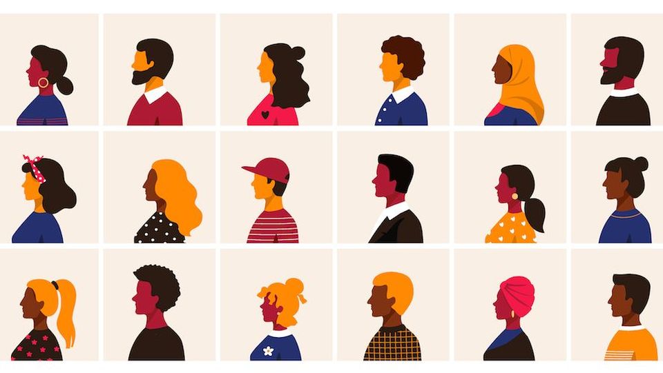 People profile. Cartoon multiethnic man and women character user avatars, trendy minimal person side view collection. Male and female old and young age vector different race simple set