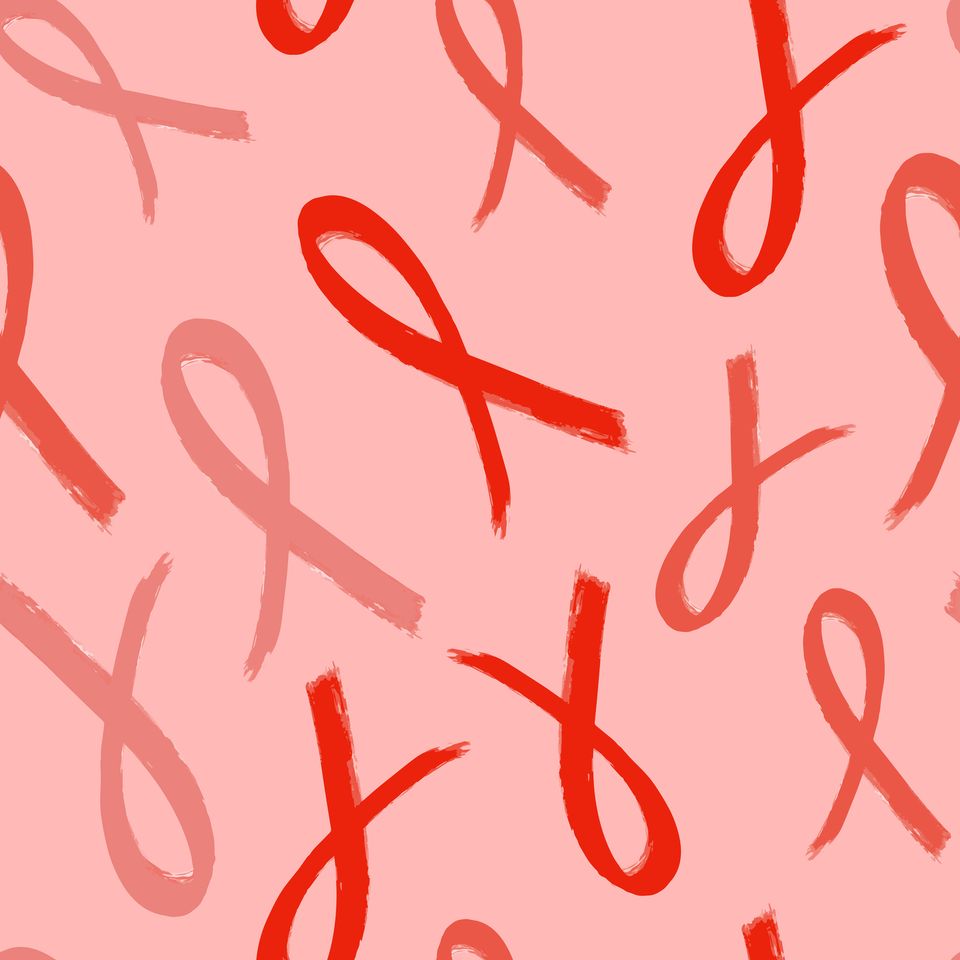 Textured grunge hand drawn red ribbon seamless pattern background for AID HIV awareness campaign, World Aids Day