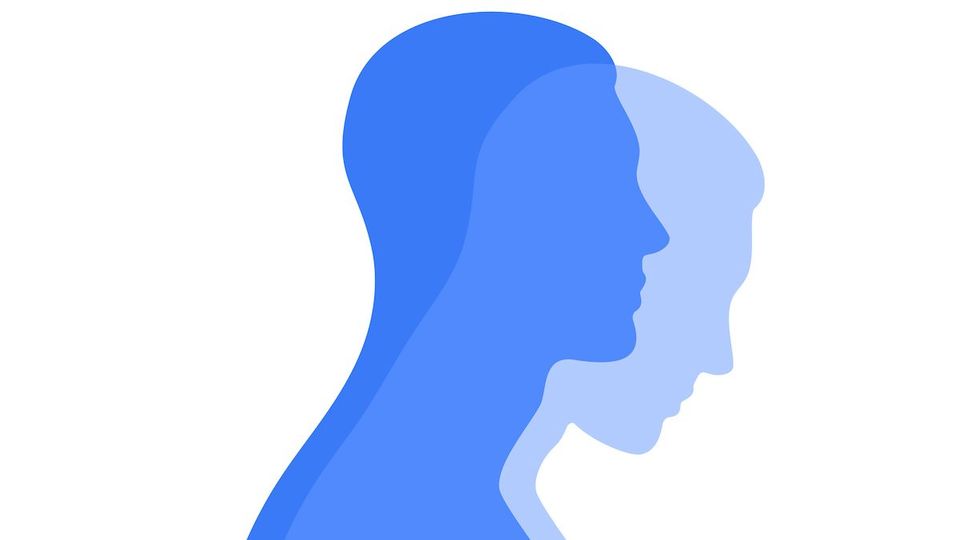 Blue male silhouette in profile with a translucent projection. Mental health concept. Duality and hidden emotions.