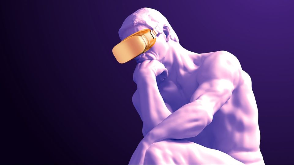 Sculpture Thinker With Golden VR Glasses On Purple Background
