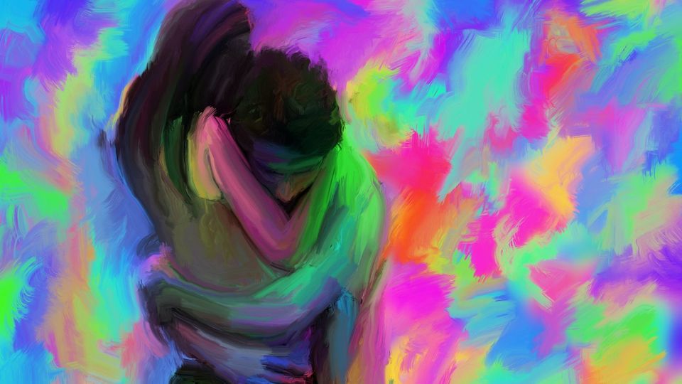 Artistic Colorful Digital Painting Of Couple Hugging Each Other. Abstract Art.