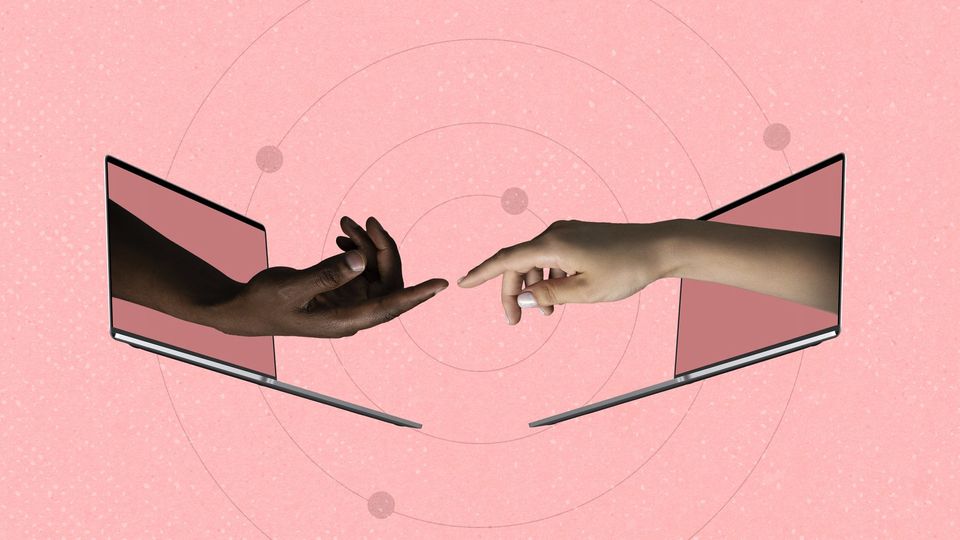 Contemporary art collage of two hands sticking out laptop screen reaching out towards each other isolated over pink background