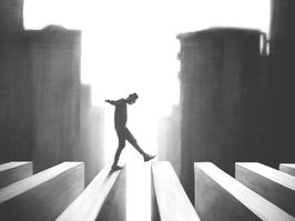 illustration of man crossing surreal road, risk concept black and white