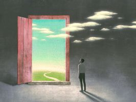 Surreal art of dream success and hope concept , imagination artwork, ambition idea painting illustration, man with nature in a door