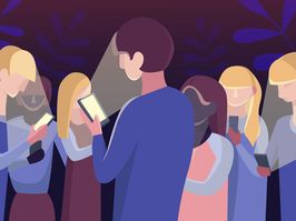 Group of people staring at their mobile phones in minimal flat design