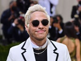 US actor-comedian Pete Davidson in a white suit arrives for the 2021 Met Gala at the Metropolitan Museum of Art