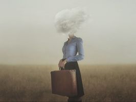 surreal moment of a woman traveler with her head covered by a cloud