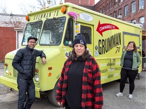 Gaëlle Cerf (centre), Sebastien Harrison Cloudier (left) and Hilary McGown (right) in front of the Grumman '78 restaurant food truck in Montreal on May 12, 2020.