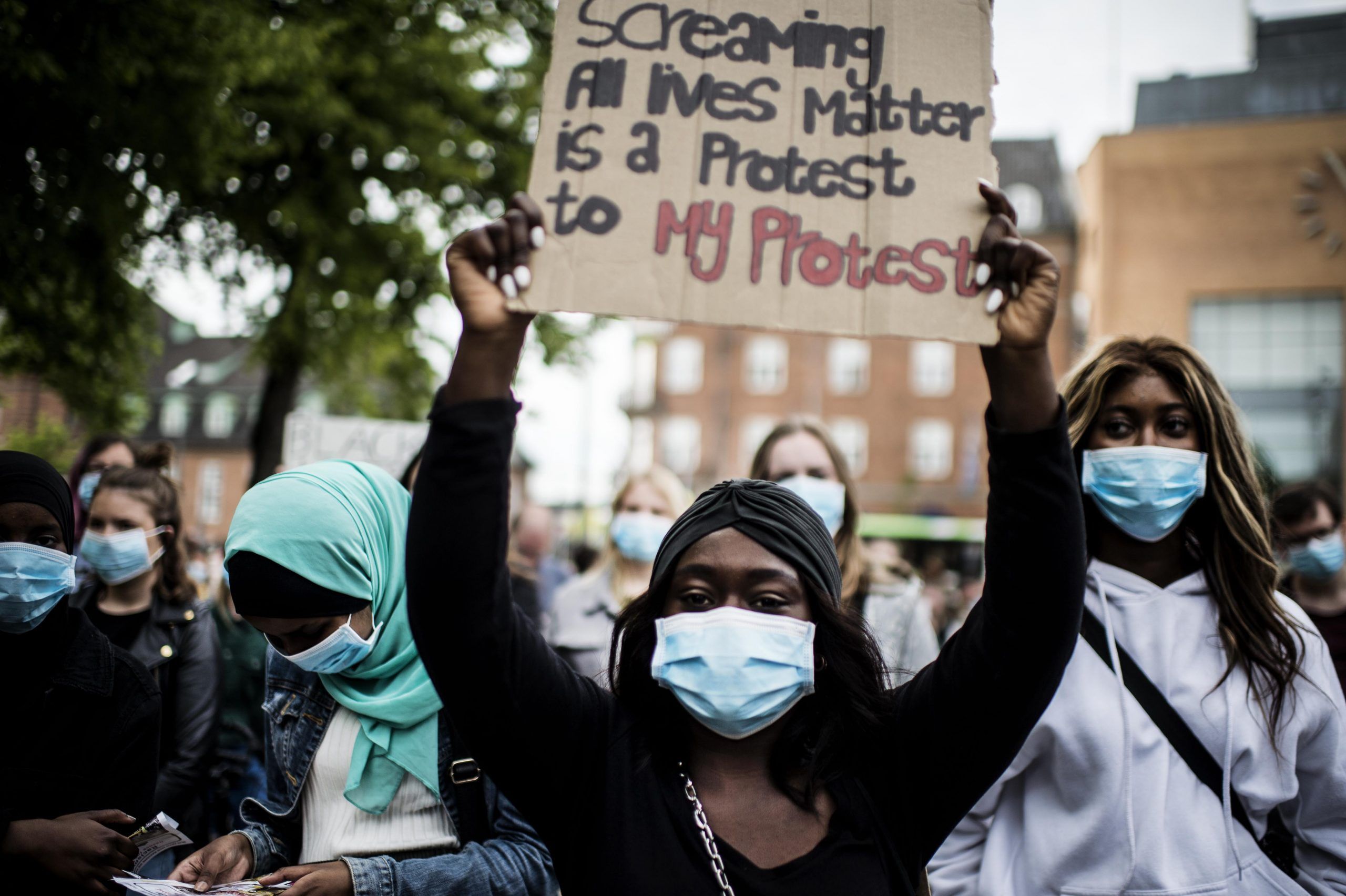 Protesters take part in a Black Lives Matter march in Odense, Denmark, on June 10, 2020. AFP via Getty Images