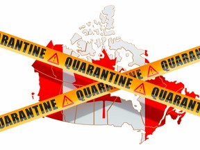 Quarantine in Canada concept. Canadian map with caution barrier tapes, 3D rendering isolated on white background