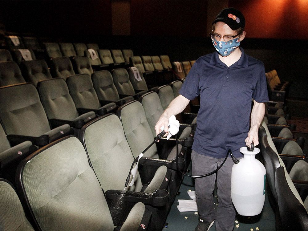 Ethan Hunter, supervisor at Canyon Meadows Cinemas, showcases the theatres new clean procedures during the COVID-19 pandemic. Canyon Meadows Cinemas is independently owned and has been open since June 12th. Many of Calgary's other cinemas are planning to open Friday. Thursday, June 25, 2020.