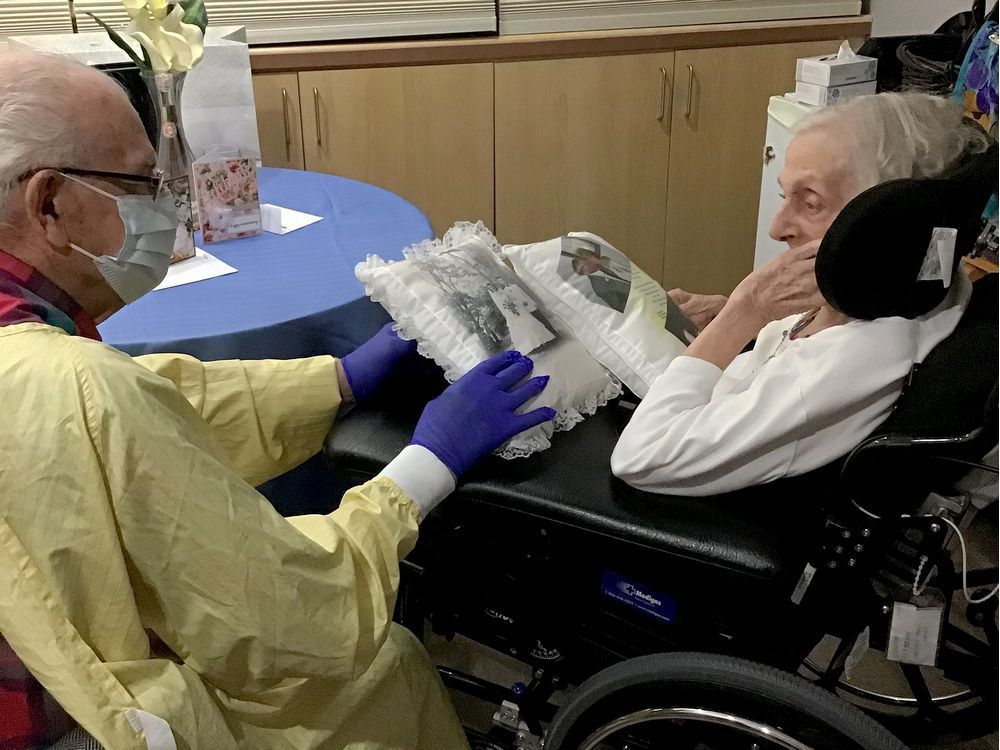 harry and arlie beckstead meet at last for their 65th wedding anniversary at sherwood park manor, despite the many restrictions caused by covid-19.