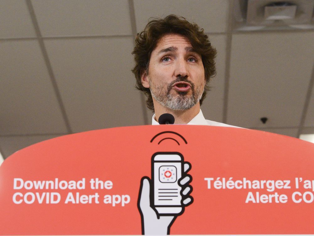 prime minister justin trudeau holds a press conference recently to tout the new app.