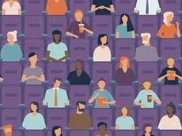 People watching movie in cinema hall. Social distancing concept in public places after Covid-19 coronavirus pandemic. Flat vector seamless pattern.