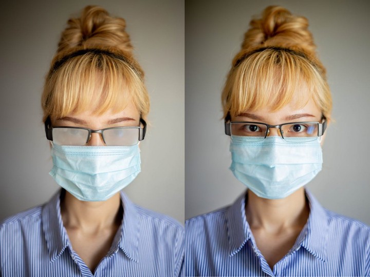  Annoying, fogged-up spectacles due to a poor fitting mask vs.clear spectacles with a well-fitting mask. (Chau-Minh Phan/CORE, University of Waterloo), Author provided.