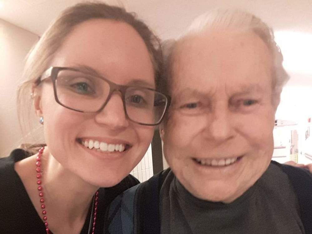 emily hladkowicz and her 90-year-old grandfather heinz ziebell. he lives at carlingview manor.