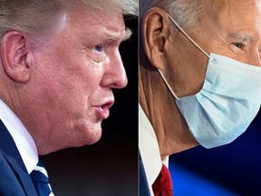 side-by-side photo of Donald Trump and Joe Biden during a town hall on October 15, 2020