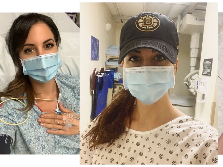  Nichols pictured in the hospital (left, centre). She exhibited signs COVID-19, including “COVID toes” before her official diagnosis (right).