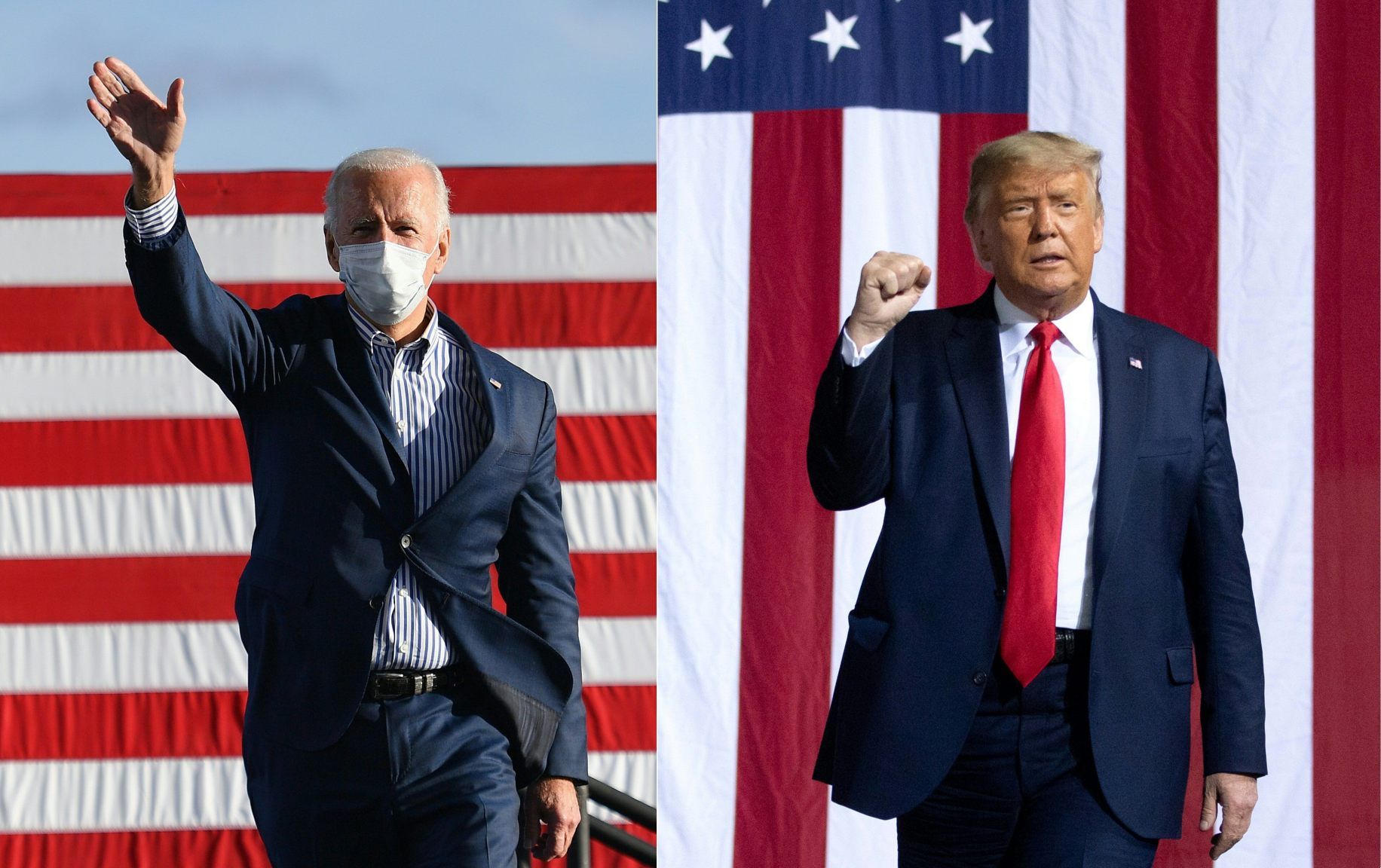 his combination of pictures created on October 30, 2020 shows Democratic presidential nominee and former Vice President Joe Biden waves to supporters before speaking at a Drive-In rally at Dallas High School, in Dallas, Pennsylvania, on October 24, 2020, and US President Donald Trump arrives to hold a Make America Great Again rally as he campaigns in Gastonia, North Carolina, October 21, 2020.