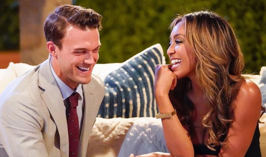 Ben Smith chats with Bachelorette Tayshia Adams in this photo shared on Instagram.