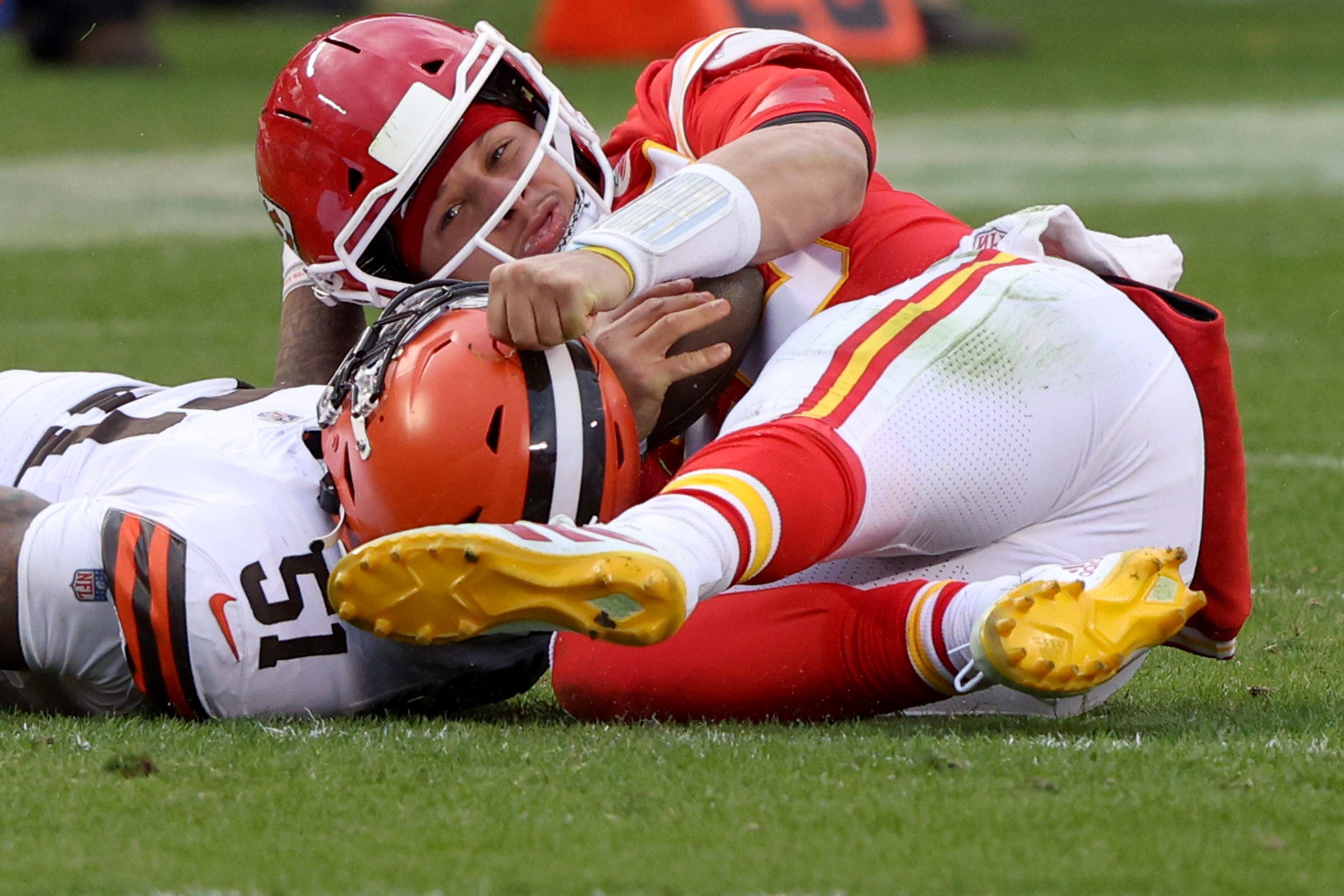 Patrick Mahomes is injured on the play and leaves in the third quarter of the AFC Divisional Playoff game at Arrowhead Stadium on January 17, 2021 in Kansas City, Missouri. 
