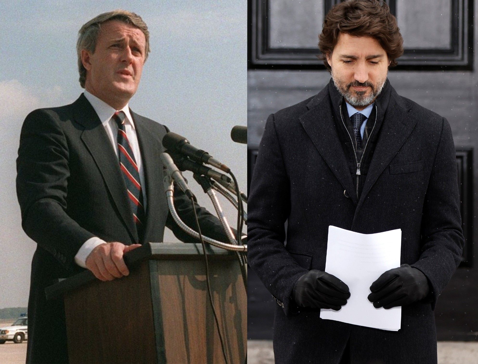 A photo illustration showing Prime Minister Brian Mulroney in 1984 and Prime Minister Justin Trudeau in 2021.