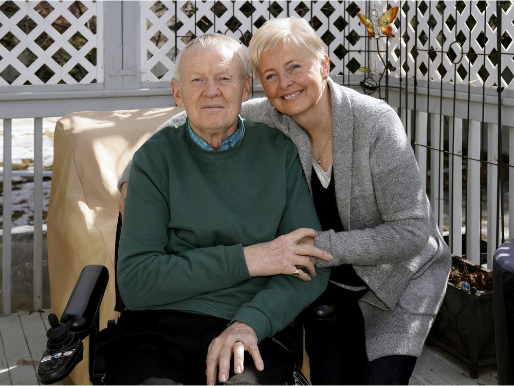 Betty and Colin Minor in the backyard of their southwest Edmonton home, where they cherish their independence even as they work to figure out what supports they need to continue to live well with Colin's multiple sclerosis.