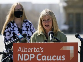 On Monday April 26, 2021 in Edmonton Alberta NDP Leader Rachel Notley, right, and NDP labour critic Christina Gray laid out a proposal for paid sick leave to slow the spread of the COVID pandemic, protect Alberta workers, and speed up Alberta's economic recovery.