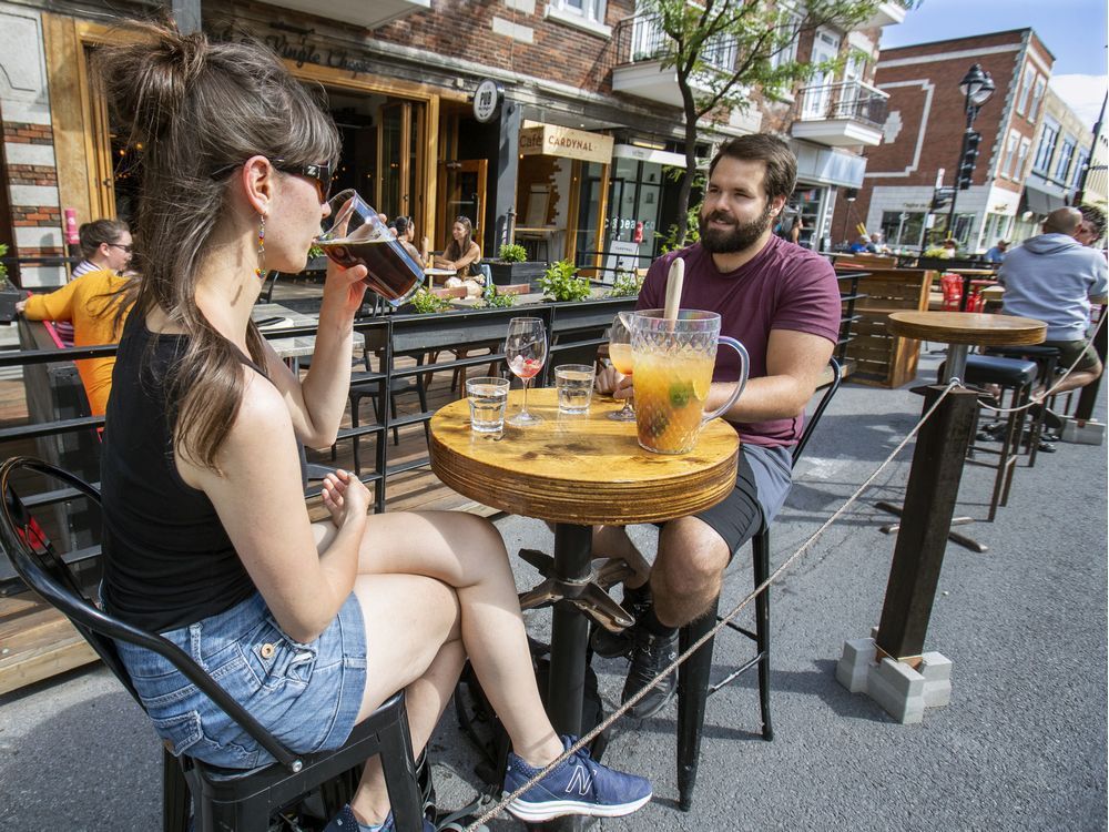 pub west shefford customers enjoy drinks on the terrace of the resto-bar in montreal's plateau mont-royal district on june 25, 2020.