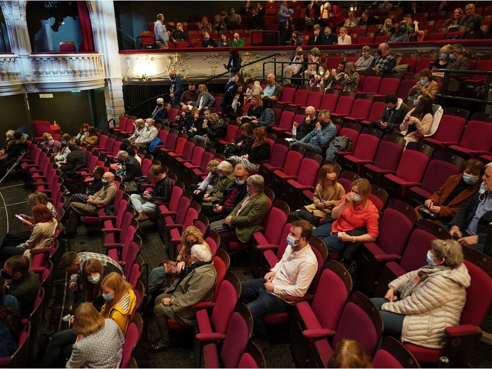 audience members watch the opening performance of love bites at york theatre royal on may 17, 2021 in york, england. quebec will allow indoor and outdoor performances with limited attendance starting this week.