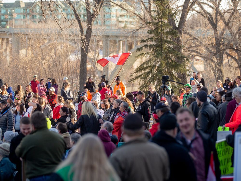 people gathered at vimy memorial to protest mandatory mask laws and the government's handling of the covid-19 pandemic. photo taken in saskatoon, sk on saturday, march 20, 2021.