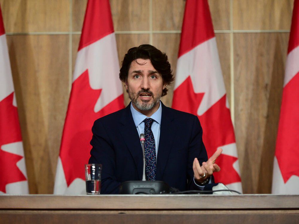 Prime Minister Justin Trudeau holds a press conference in Ottawa on Friday, May 7, 2021, during the COVID-19 pandemic.