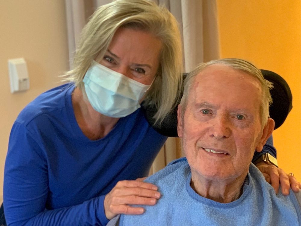 elma melhus and her father jim o'friel, 83, at eagle ridge manor in port moody after restrictions eased.