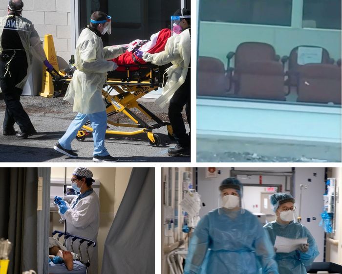 verdun hospital images taken during the pandemic by gazette photographers (top left, bottom) vs. amateur video (top right) of an empty waiting room originally published on youtube. gazette photos, top left, pierre obendrauf; bottom, allen mcinnis.