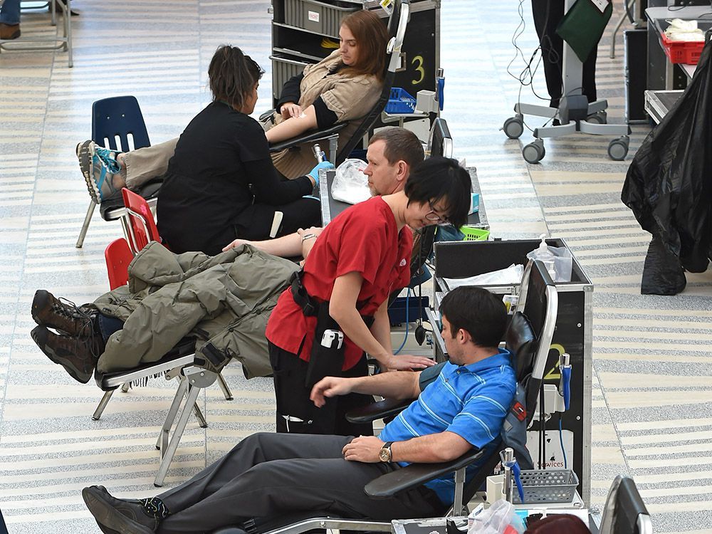 a canadian blood services donor clinic at city hall in edmonton on march 8, 2018.