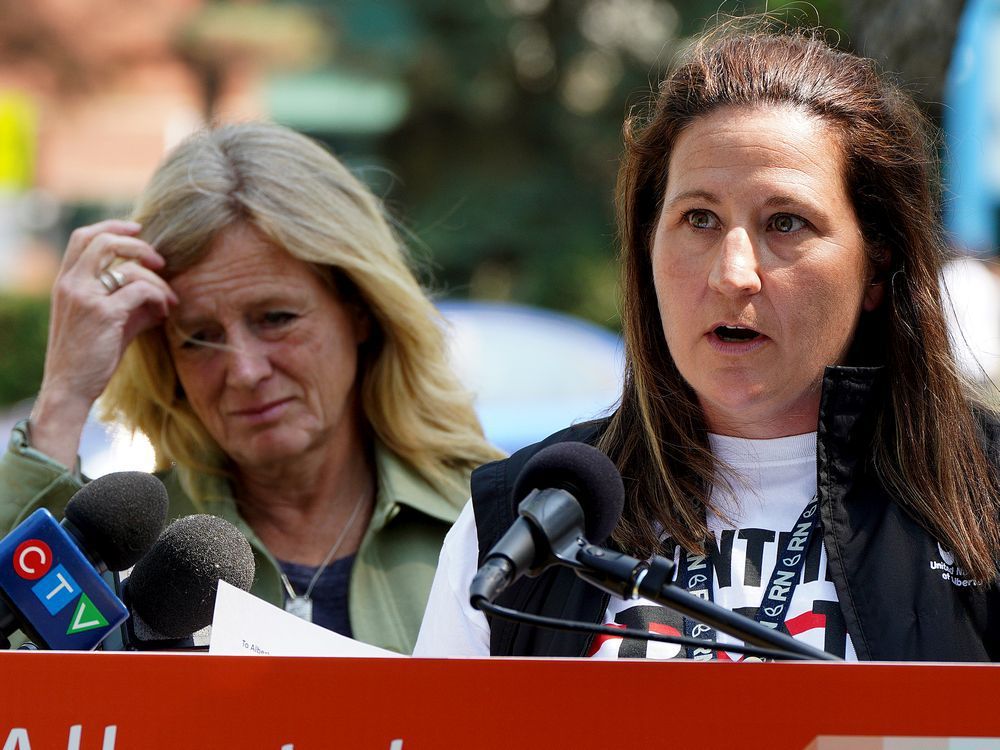 orissa shima, registered nurse and president of the united nurses of alberta local 85, was with by alberta ndp opposition leader rachel notley, left, outside the sturgeon community hospital in st. albert on monday, july 26, 2021.