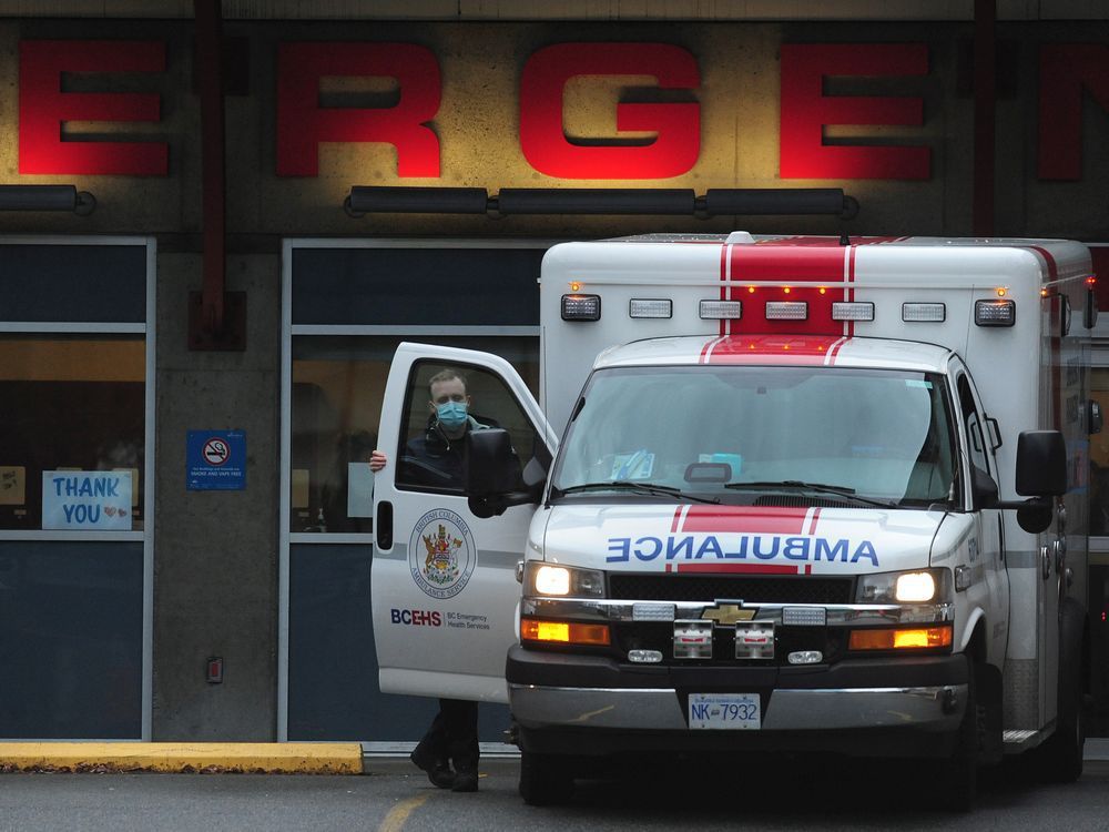 an ambulance waits in the emergency area at vancouver’s st paul’s hospital last month.