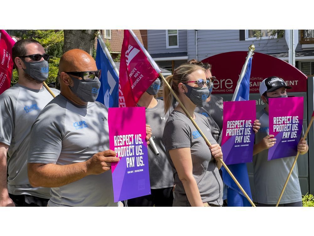 Registered practical nurses, personal support workers, environmental cleaners and other staff from Ottawa area hospitals protested outside of the Bruyère -Hôpital Saint-Vincent Hospital on Monday.