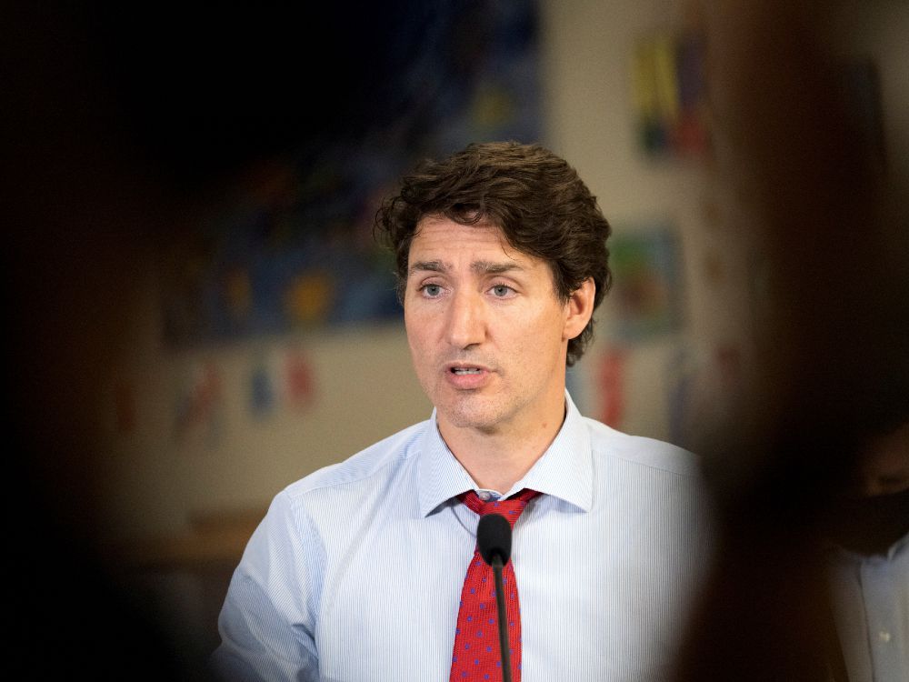 prime minister justin trudeau speaks during a news conference at the daycare inside carrefour de l'isle-saint-jean school in charlottetown, p.e.i., july 27, 2021.