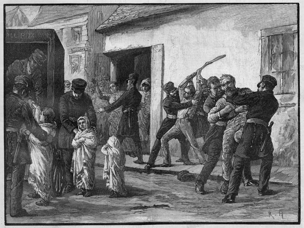 this sketch, entitled "incident of the smallpox epidemic, montreal" by robert harris, shows the violence with which the sanitary police removed smallpox patients from the public. the illustration was initially published in harper's weekly, on nov. 28, 1885.