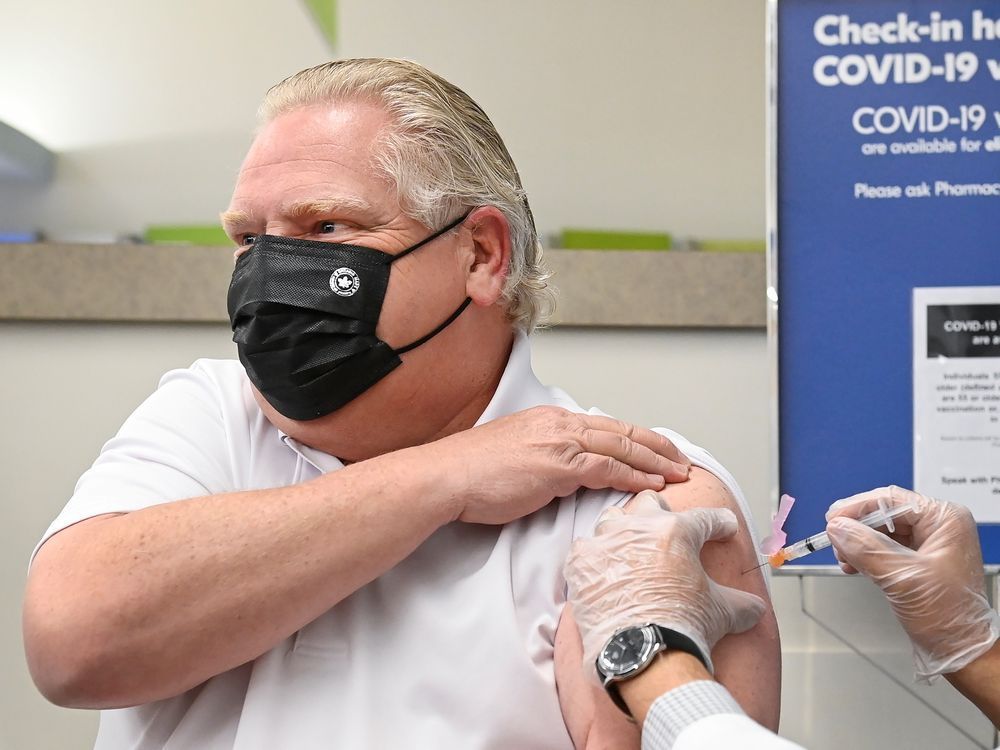 ontario premier doug ford receives the astra zeneca vaccine in toronto.