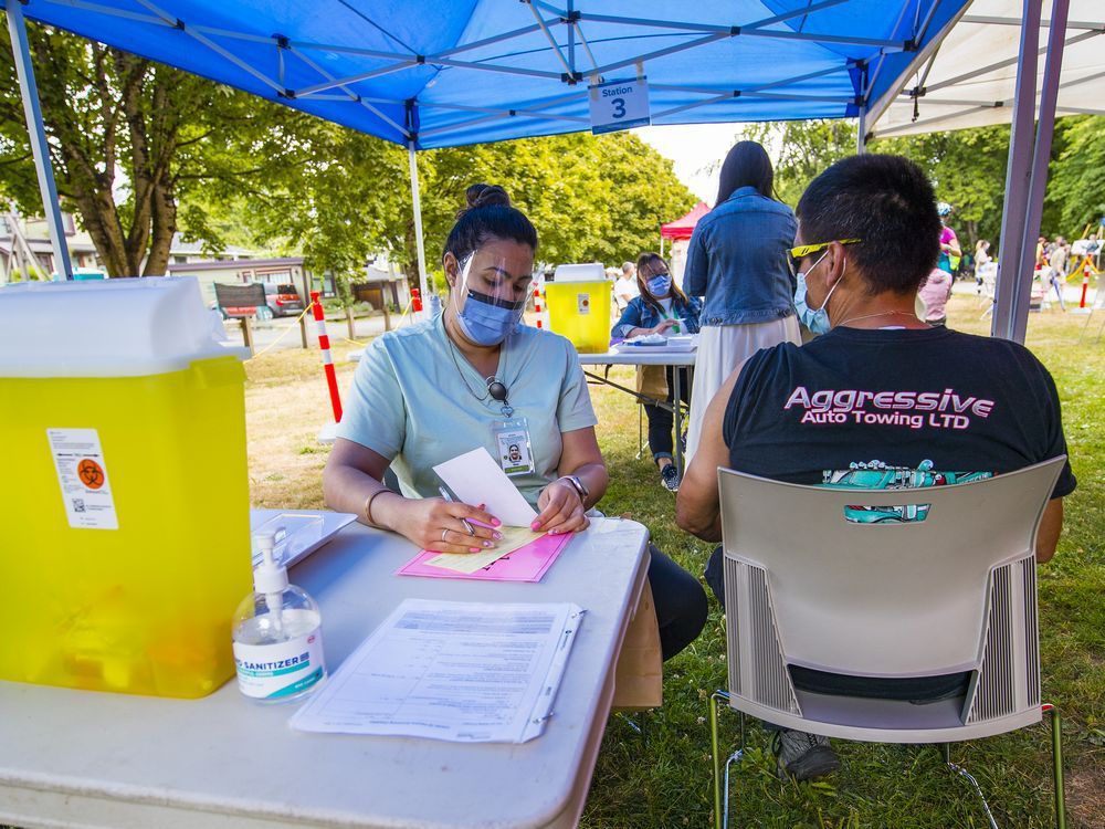 areas with higher vaccination rates are showing fewer infections even among the delta variant, says sfu mathematics prof paul tupper. coastal health (vch) is taking the vaccine to them at easily accessible clinics that meet people where they are, out enjoying the summer. clinic on saturday, july 17 is at the trout lake farmer's market..........................(photo credit: francis georgian / postmedia) , vancouver. vancouver reporter: , ( francis georgian / png staff photographer) [png merlin archive]