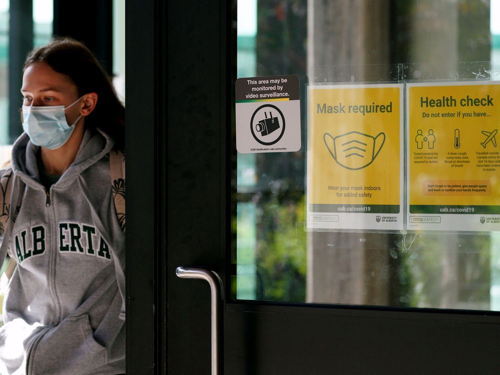 a student exits the students union building at the university of alberta in edmonton on thursday september 14, 2021.