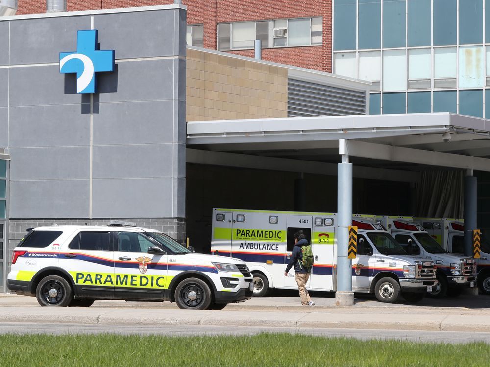 ottawa - may 12, 2020 - ambulance line ups at the ottawa civic hospital in ottawa.